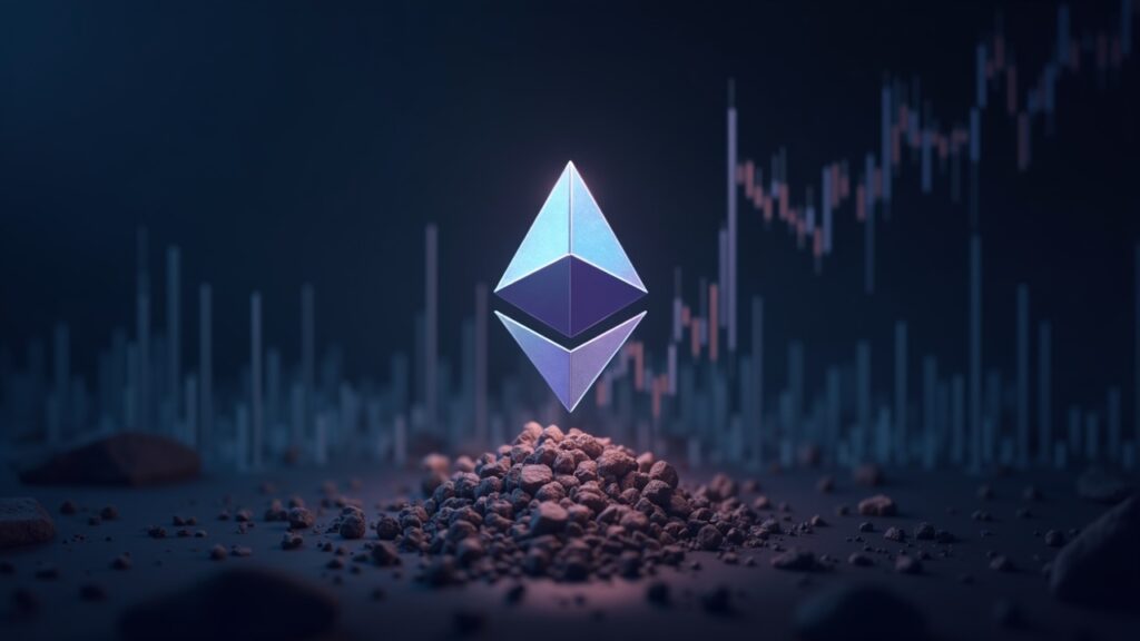 Realistic crypto newsroom with a glowing Ethereum emblem above a rising $2,000 price chart, signaling accumulation.