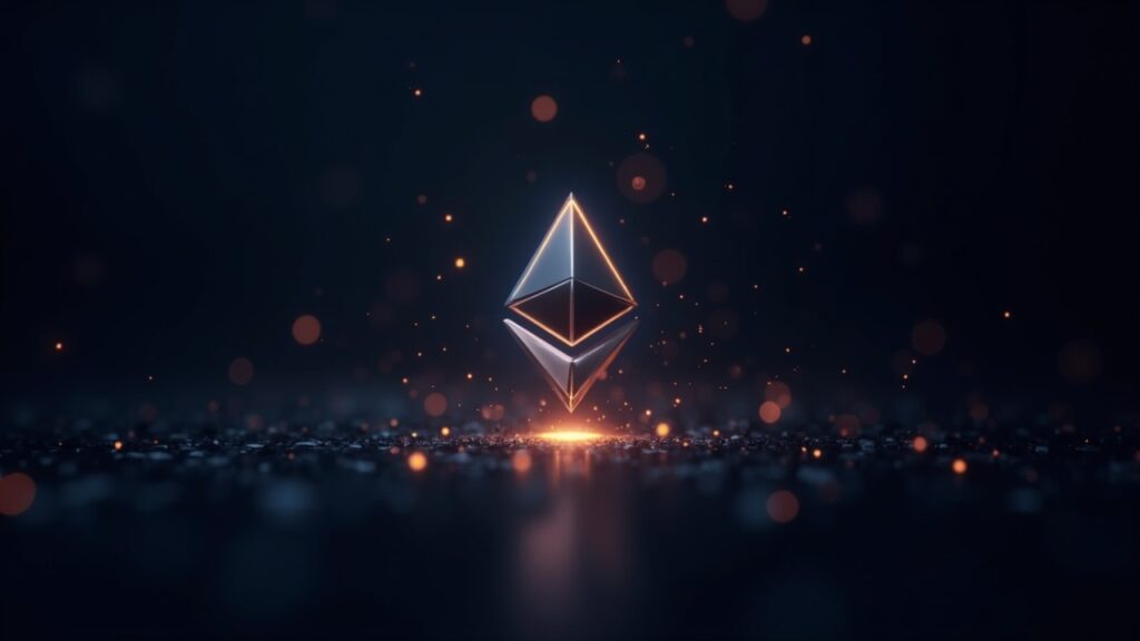 Glowing Ethereum block shielded by flowing code with a subtle Aave motif and rising market charts.