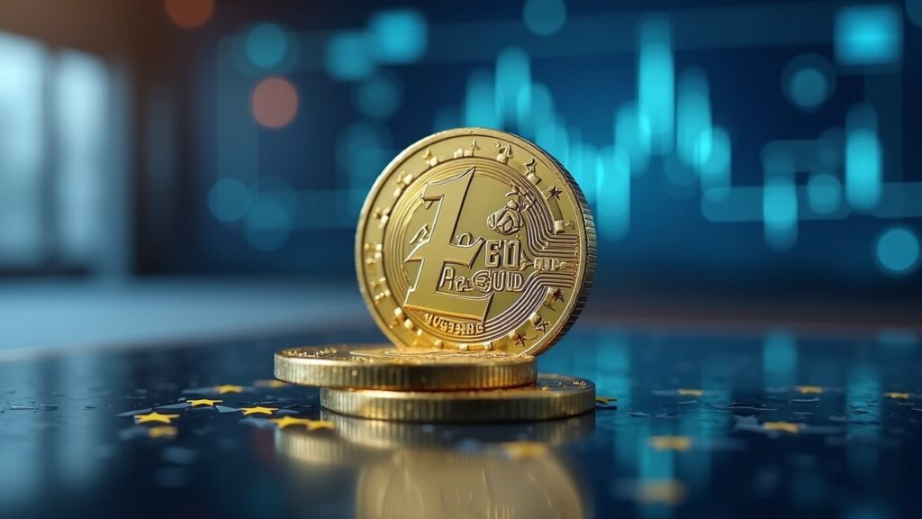 BBVA joins Qivalis to create a stablecoin regulated in euros Euro coin morphing into a digital token on a newsroom backdrop, signaling EU euro stablecoin and cross-border payments.