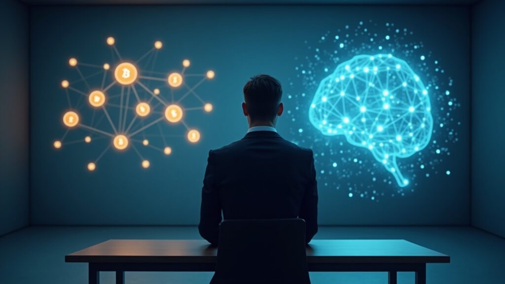 JPMorgan Reveals 89% of Family Office Investment Currently Avoids All Crypto Assets Photorealistic businessperson at a sleek desk with crypto icons fading left and a glowing AI network on the right