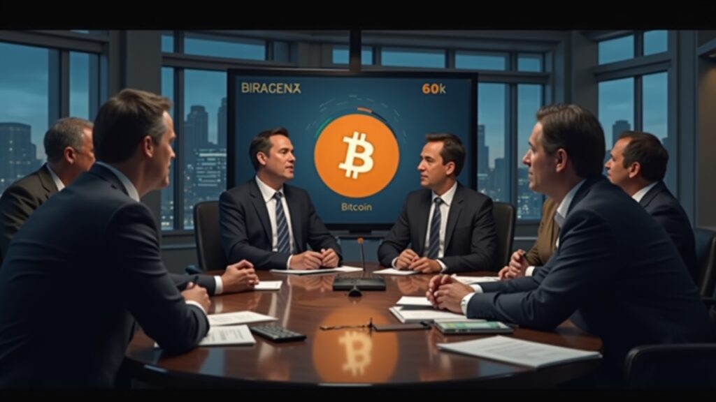 Photorealistic newsroom with Bitcoin symbol, Fear & Greed index 7, and a bullish line near 60k signaling contrarian bottom.