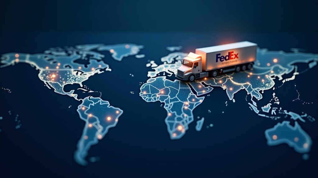 Global logistics map with a FedEx-style courier and networked nodes representing enterprise DLT governance and visibility.
