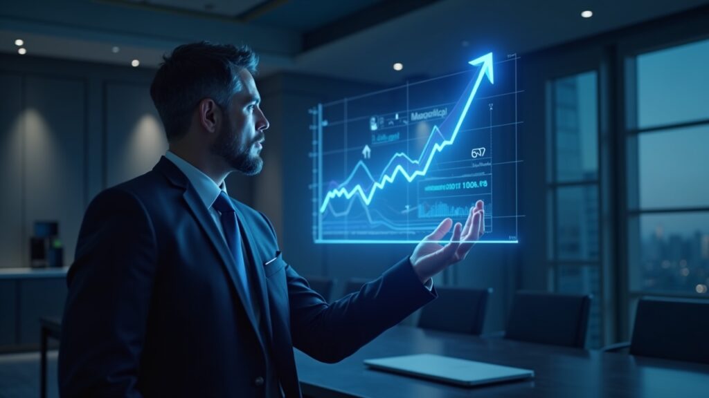 Photorealistic image of a Galaxy Digital executive presenting a buyback chart in a sleek office, with holographic arrows.