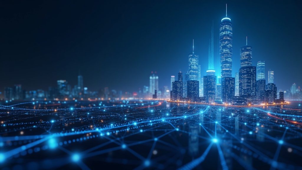 Photorealistic cityscape with glowing node network and a subtle HBAR glyph, signaling Hedera's enterprise focus and risk.