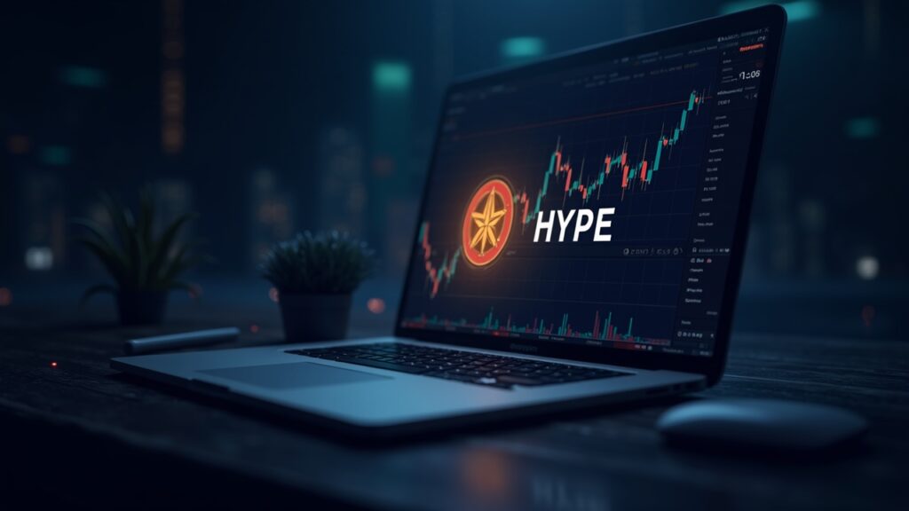 Photorealistic crypto trading desk with a glowing HYPE token and Ripple Prime interface on a neon grid