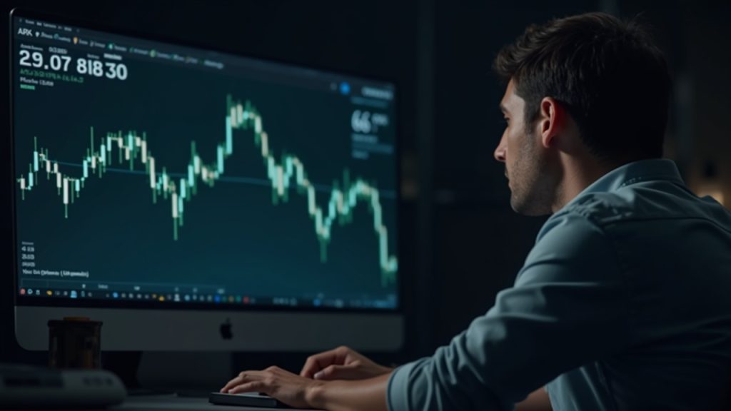 Photorealistic investor at a desk, Bitcoin chart dipping below 66k, with subtle Robinhood and ARK branding.