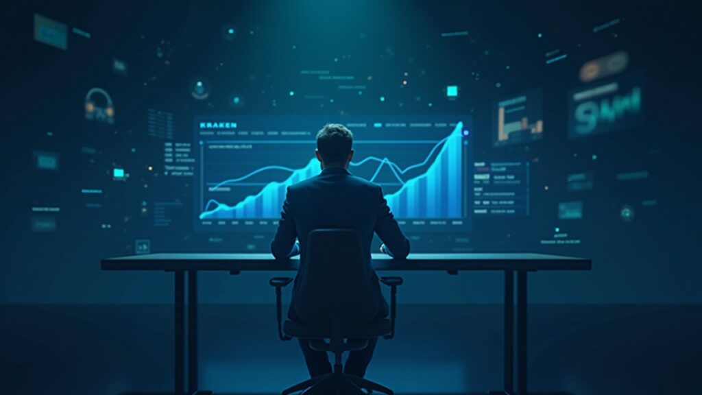 Payward announced a 33% increase in its revenue by 2025 Photorealistic analyst at a sleek desk with rising trading and custody graphs, subtle Kraken branding in crypto markets.