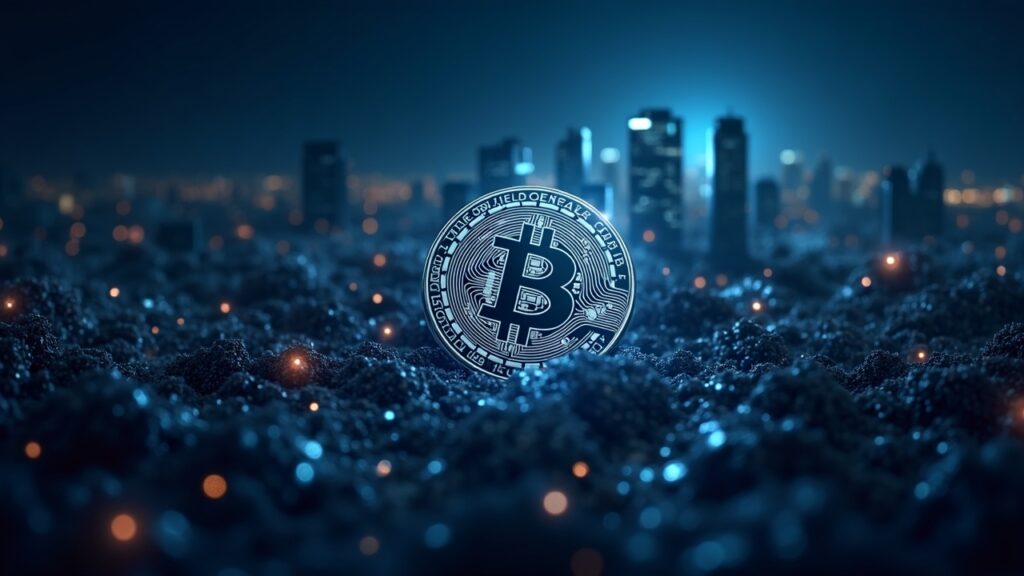 Litecoin adoption in global payments drives resilience at cycle low levels Photorealistic Litecoin logo over a city skyline with glowing blockchain nodes, symbolizing institutional demand and LTC adoption.