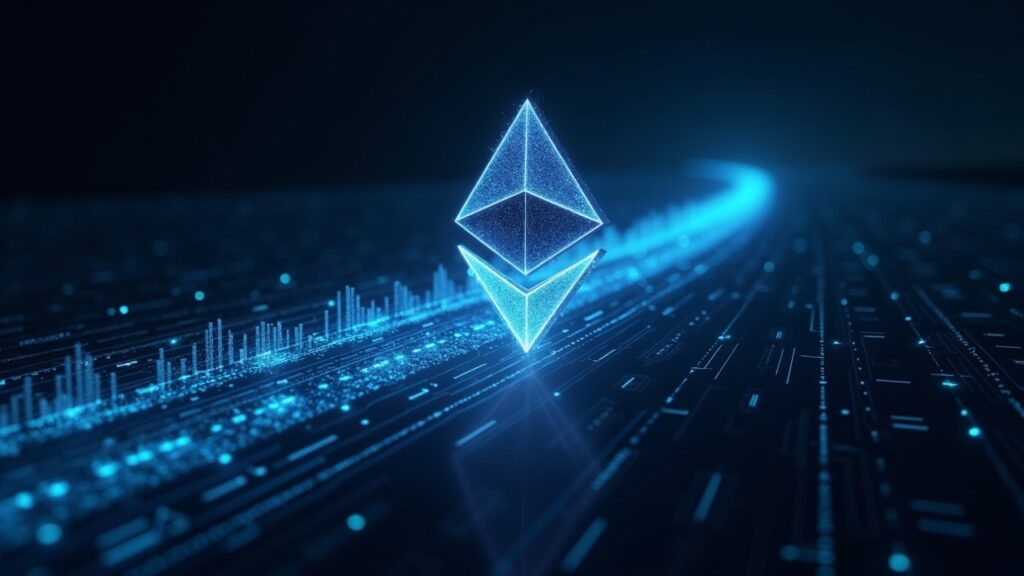 Photorealistic MegaETH mainnet header: Ethereum logo morphing into a fast data highway with KPI charts showing 20k TPS