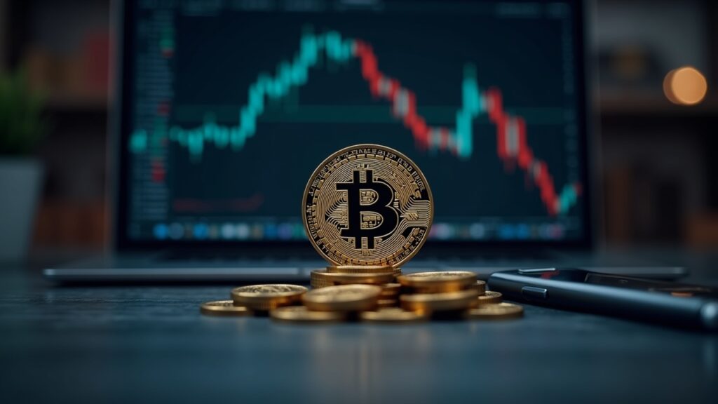 Photorealistic center desk view showing a Bitcoin price chart and a vault logo, signaling institutional crypto accumulation.