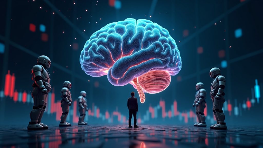 Photorealistic AI brain projecting streams across a volatile crypto price chart, surrounded by robotic agents and a trader.