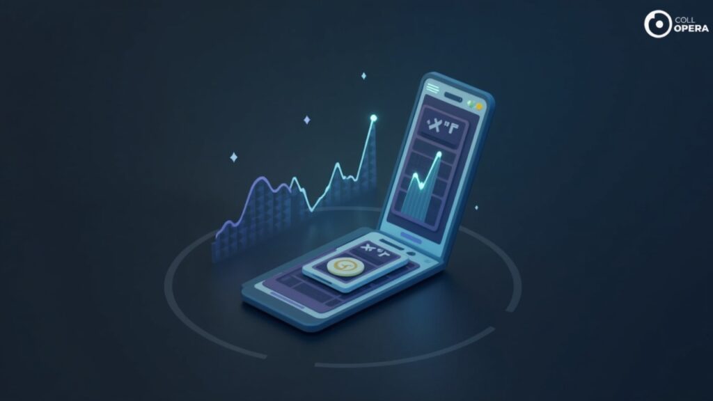 Opera shares soar after the addition of Tether’s USDT and Tether Gold to MiniPay Photorealistic newsroom with a phone showing USDT and XAUT icons, a rising stock chart, and Opera branding.