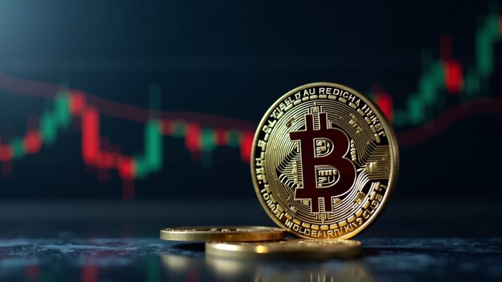 Close-up of a Bitcoin coin with a fluctuating stock ticker and a subtle Federal Reserve seal in the background.