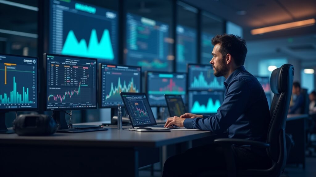 Newsroom scene: trader before screens showing native USDC on Polygon, Circle logo, highlighting regulated on-chain clearing.