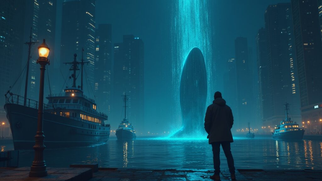 An analyst studies crypto charts as a retail crowd watches capitulation signals; whales trim positions, data signals risk.