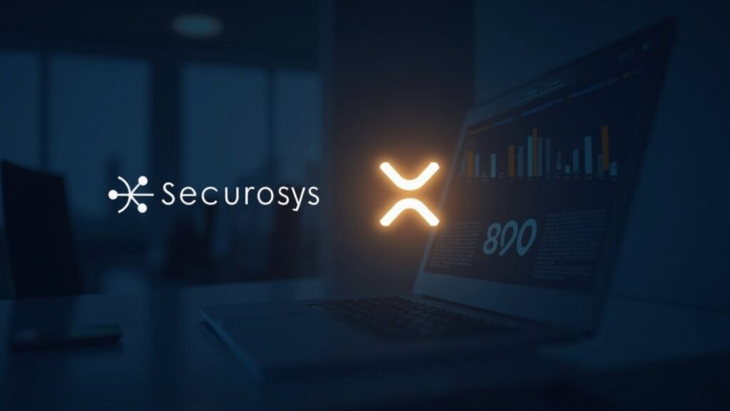 Photorealistic office scene with Securosys HSM and Figment logos beside a glowing XRP on an institutional custody dashboard.