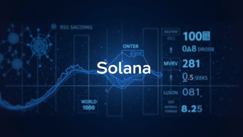 Solana logo over a photorealistic crypto data scene with a transparent RSI/MVRV dashboard and a price path to 100
