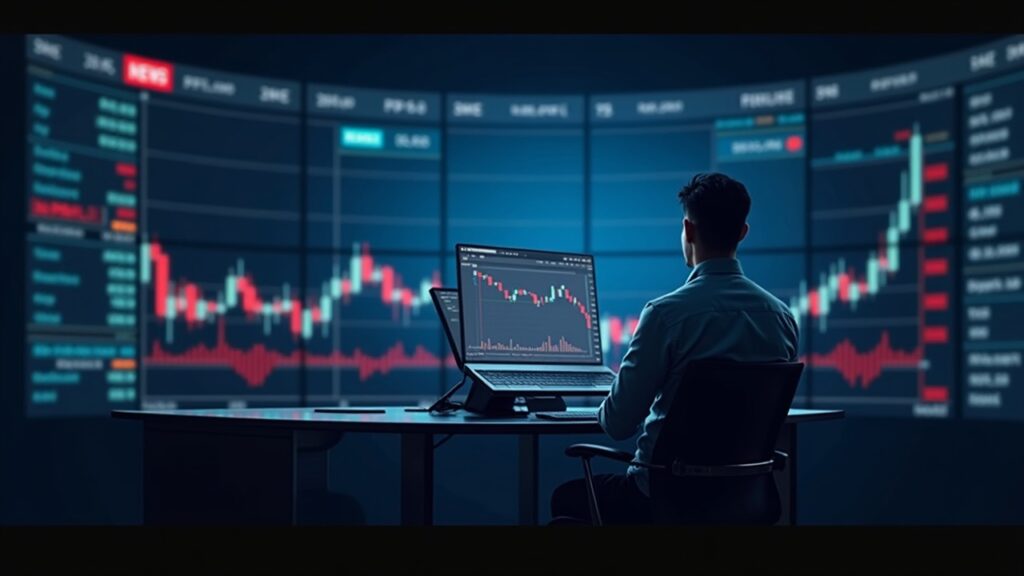 Photorealistic newsroom: trader at desk, SOL near $90 on screen with a price-chart overlay showing head and shoulders
