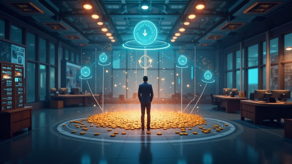 Photorealistic scene of a Solana-inspired liquidity hub with a standing buyer converting tokenized RWAs to stablecoins.