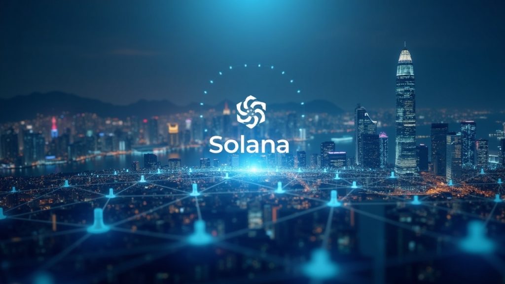 Solana logo center, flowing tokenized assets forming an on-chain network with Hong Kong skyline.