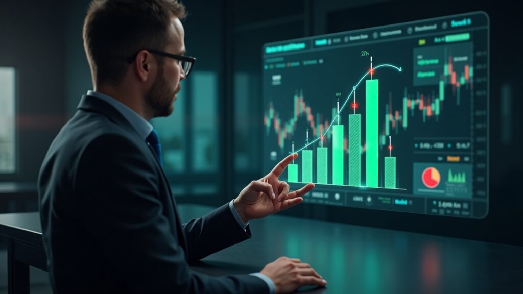 Corporate treasurer views SOL portfolio on a holographic screen; red losses contrasted with green gains.