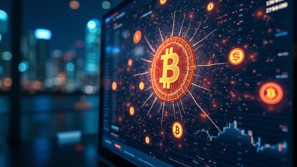 Hyperreal crypto-exchange dashboard with BTC icons, AI overlays, and a Seoul skyline, signaling regulatory crackdown.