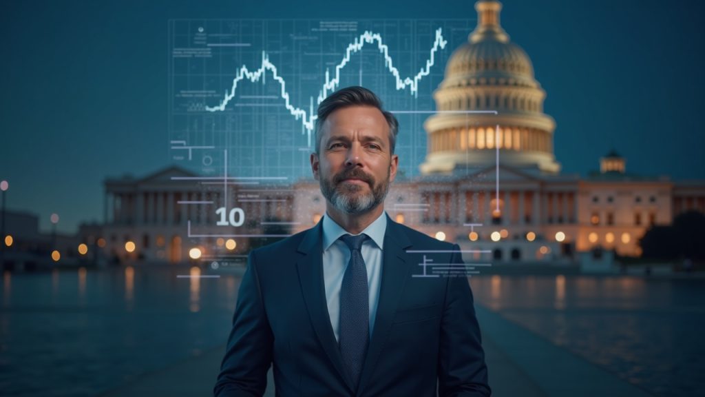 Photo-realistic portrait of a crypto executive in a suit beside a holographic yield chart, Capitol dome blurred in the background