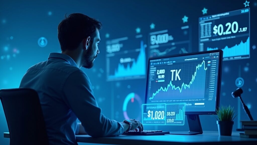 Stellar falls below $0.20 despite record network activity Photorealistic crypto analyst at a desk with on-chain charts and a price ticker under $0.20, Stellar nodes in background.