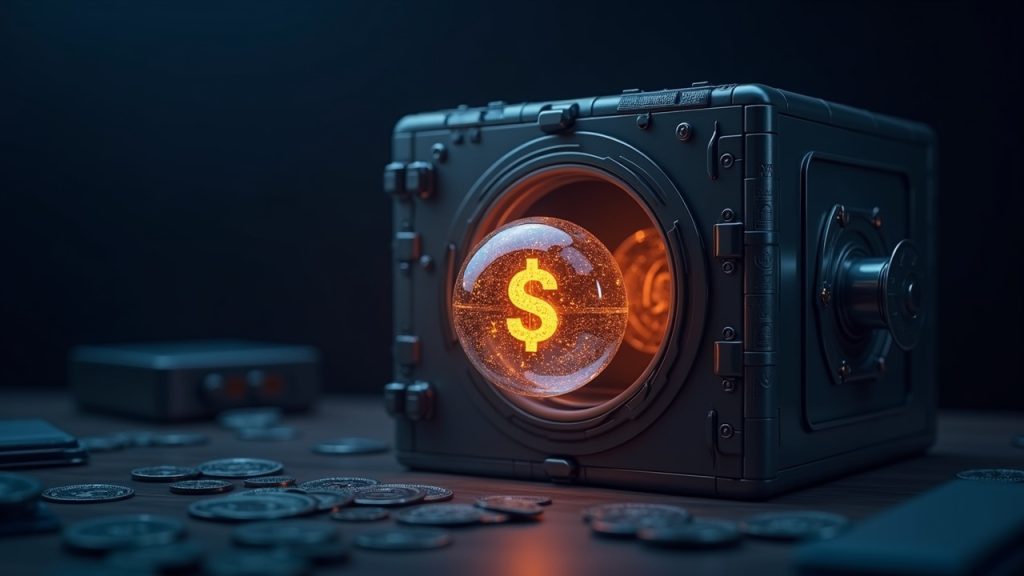 Photorealistic digital dollar orb inside a transparent Ember vault, with blockchain nodes on a sleek trading desk.