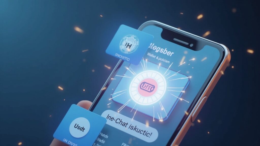 Smartphone screen of Telegram showing a seamless in-chat crypto checkout overlay for TON and USDT (wallet-agnostic)