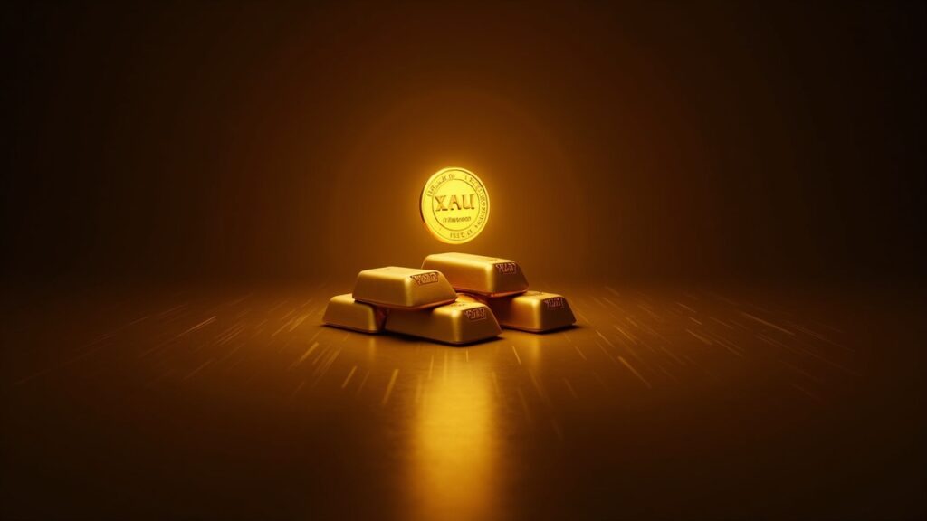 Hyperreal vault of gold bars with a glowing XAUt token overlay and a subtle Tether mark.