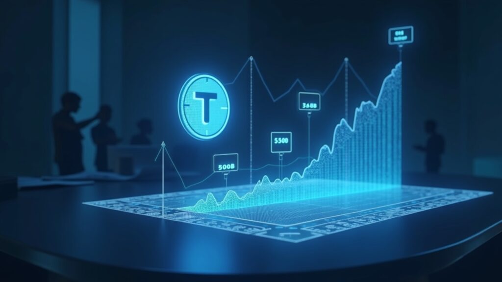 Tether scales back funding ambitions as markets reject its $500 billion valuation target Photorealistic header: Tether logo on glass desk with holographic charts of a $500B to $5B haircut and regulator silhouettes.