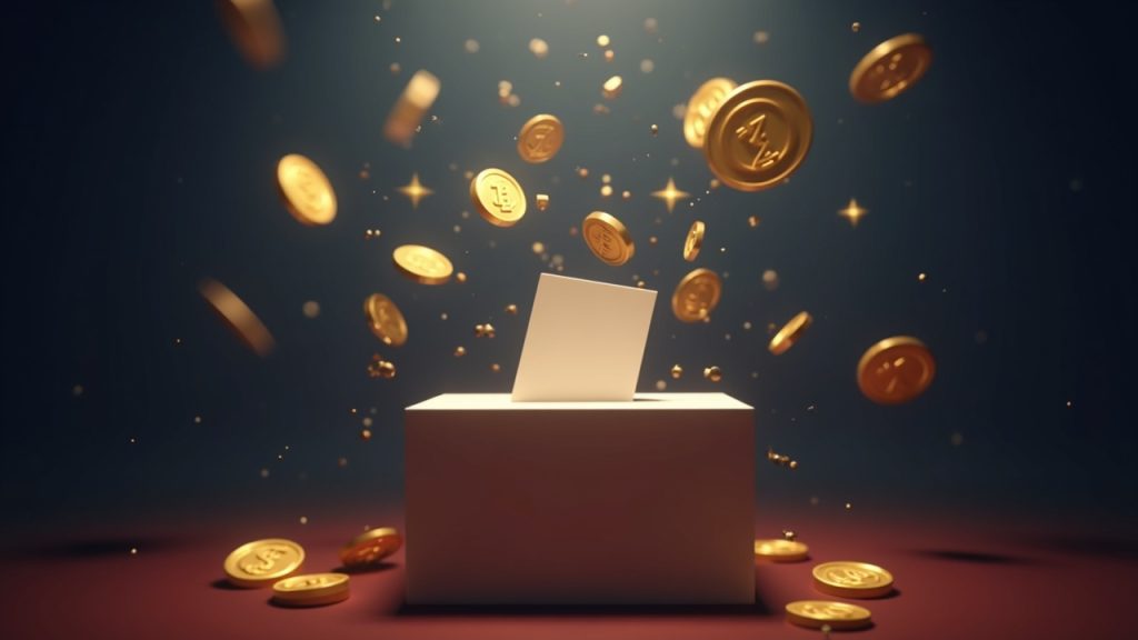 Photorealistic Texas ballot at center with floating crypto coins and blockchain, signaling pro-crypto PAC influence.