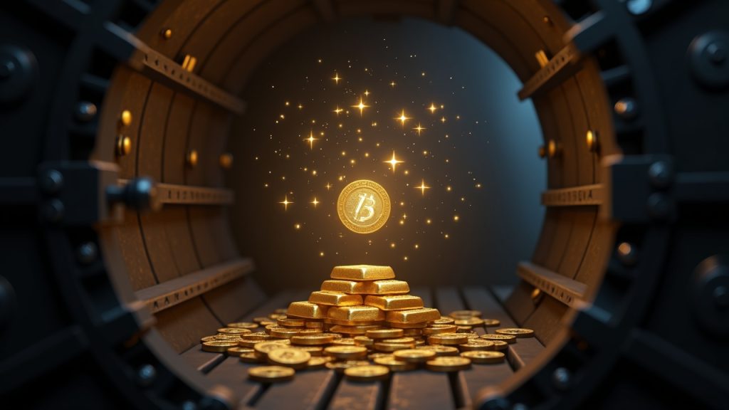 Photorealistic vault with gold bars and holographic XAUT and PAXG tokens above a transparent blockchain ledger, newsroom lights.