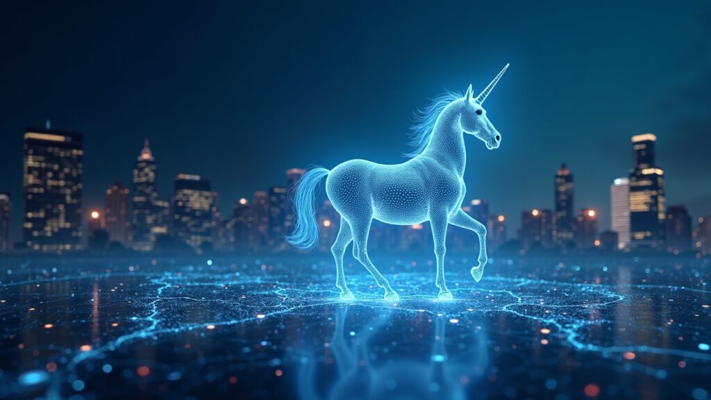 TRM Labs becomes a crypto unicorn after $70 million Series C Unicorn rising from data streams with a holographic crypto flow map and a financial district skyline, Goldman-backed.