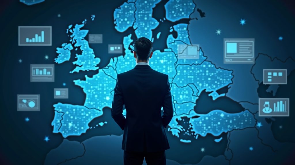 Photorealistic silhouette in a suit before holographic panels on two-layer governance and quadratic voting, with a Europe map backdrop.