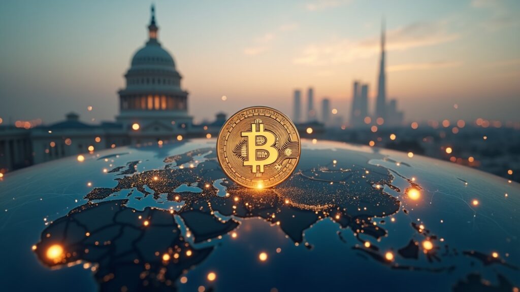 Photorealistic globe with blockchain nodes, Capitol dome in background, Abu Dhabi skyline, and a central WLFI token.