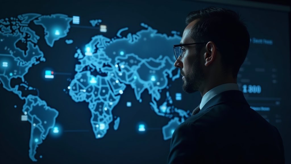 Photorealistic newsroom: crypto executive views holographic World Swap interface with globe of nodes, bank cards, and USD1.