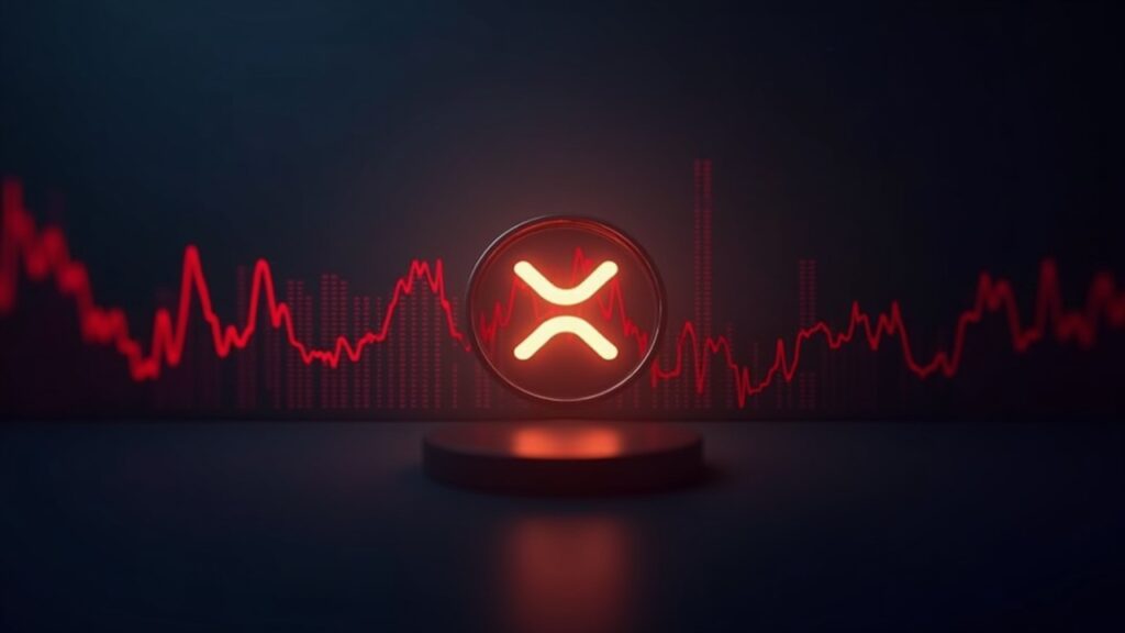 Photoreal XRPL ledger with glowing XRP at center, red price-drop chart behind, and a sober institutional investor silhouette