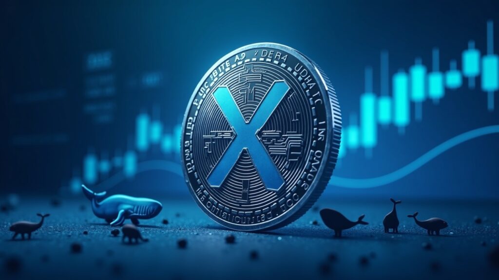 XRP price faces risk of a crash similar to the 2022 collapse XRP coin with a downward price chart, support line, on-chain overlays, and whale silhouettes in a blue newsroom palette.