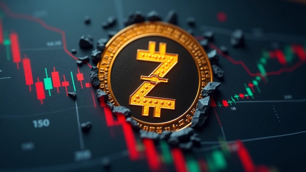 Zcash trading activity plummets and the price drops by nearly $270 Photoreal close-up of a Zcash logo breaking over a plunging price chart, blurred boardroom suggesting governance turmoil.