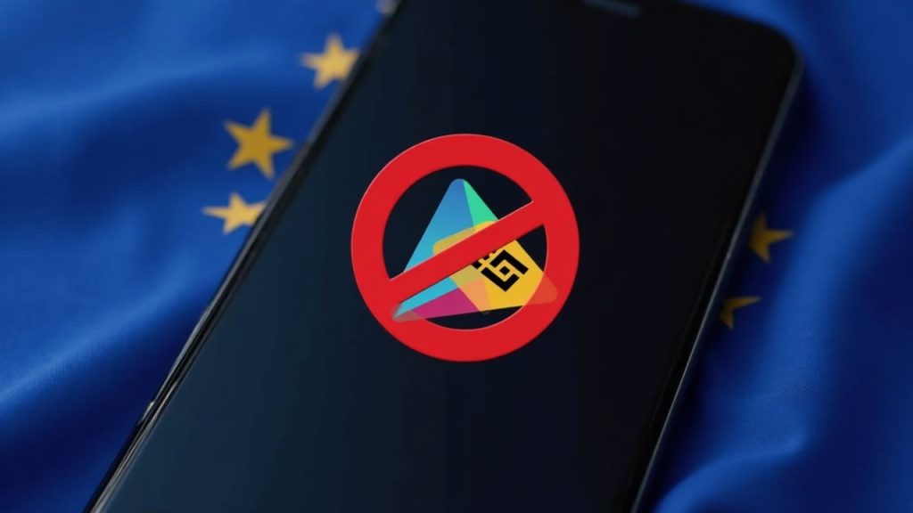 Smartphone screen shows Binance icon blocked by a red stop sign over Google Play, EU backdrop, signaling MiCA enforcement.