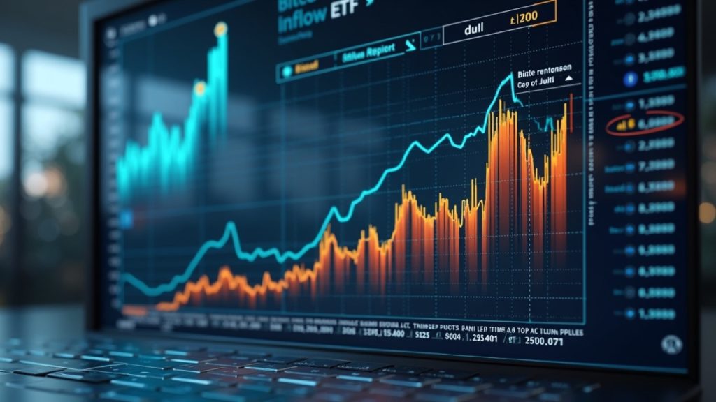 Photorealistic newsroom with a Bitcoin ETF inflows chart showing June decline and July rebound.