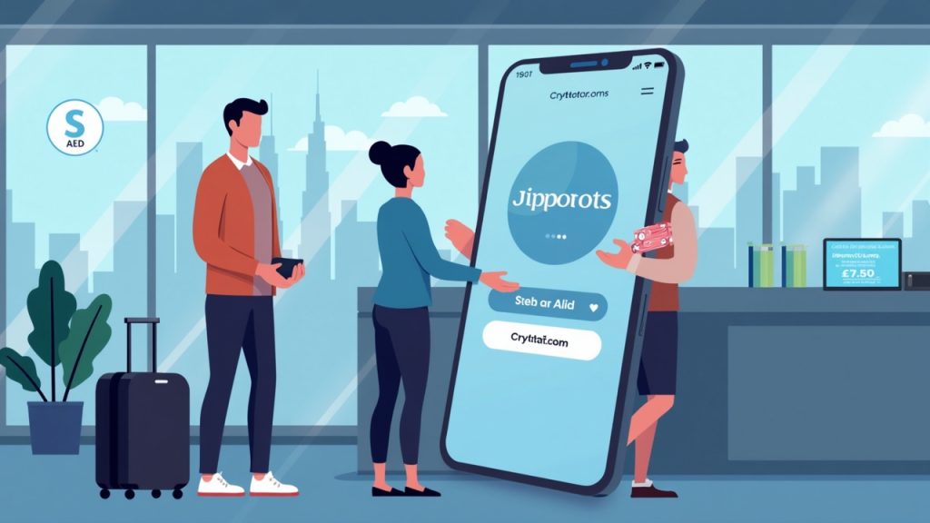 Emirates check-in with a traveler authorizing Crypto.com Pay on a smartphone, Crypto.com logo, AED and crypto icons, Dubai skyline.