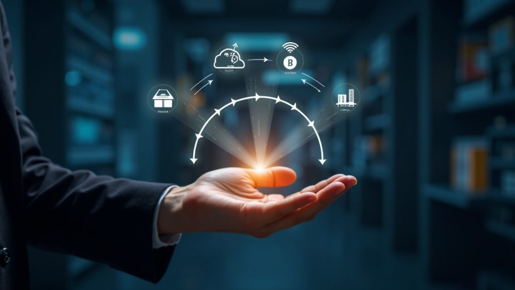 A hand shifts from mining rigs to abstract icons for exchange and payments infrastructure in a modern newsroom.