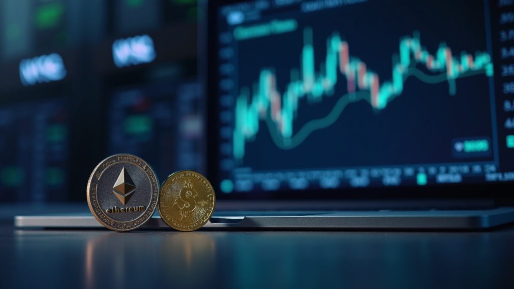 Morgan Stanley branding with Ethereum and Solana logos on a modern NYSE Arca trading floor.