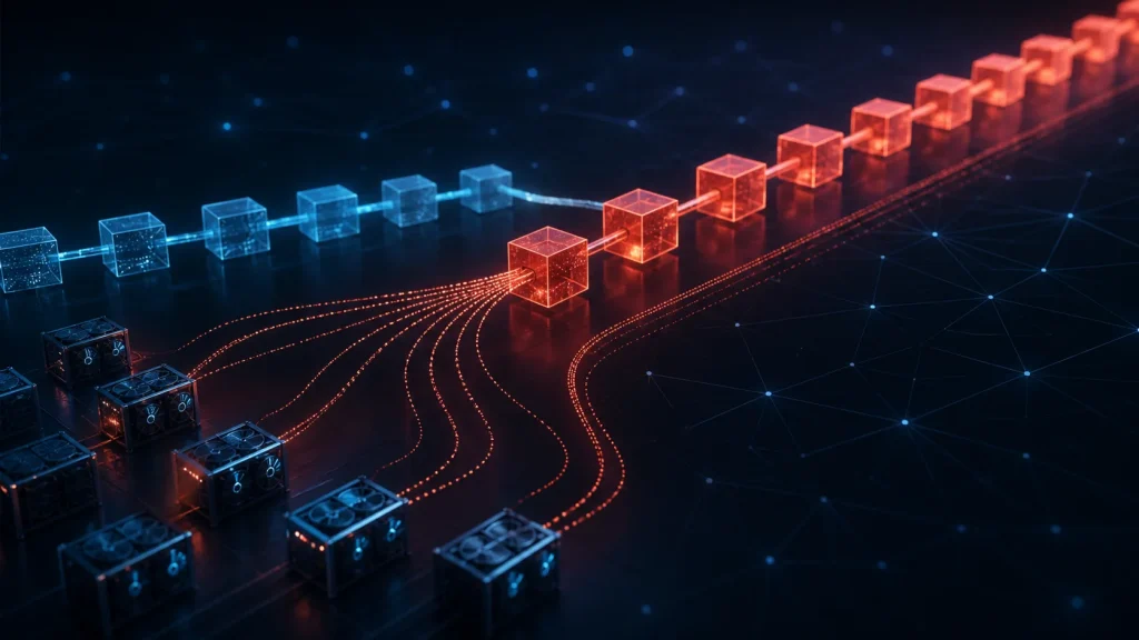 Competing proof-of-work blockchain overtaking the original chain with concentrated mining power