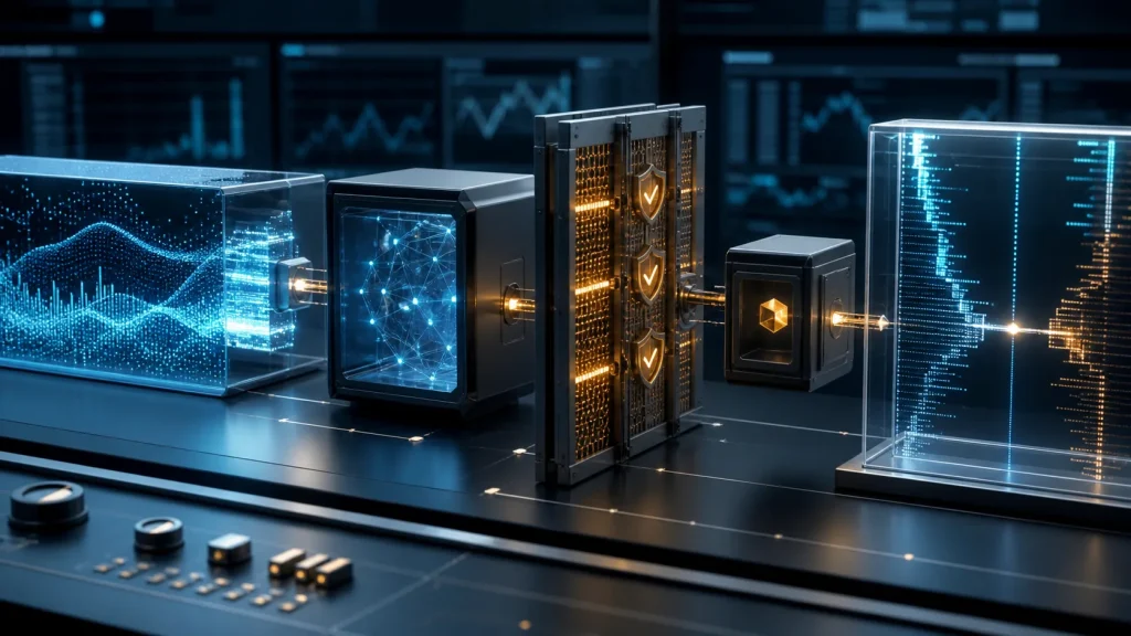Algorithmic trading pipeline moving through validation and independent risk controls