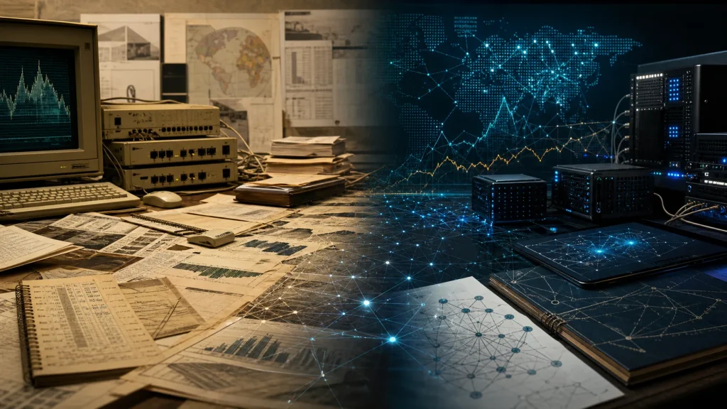 Bitcoin and the Dot-Com Bubble: Where the Analogy Works—and Fails Late-1990s internet infrastructure transitioning into a modern distributed network research desk