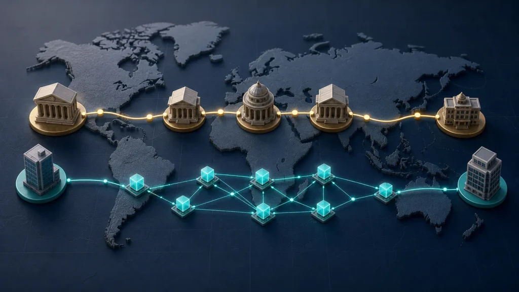 Traditional bank and blockchain payment routes crossing the same international corridor